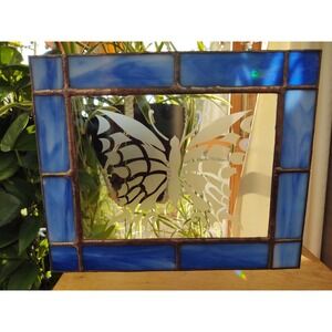 Etched Butterfly Blue Cloud Glass Frame Stained Glass Hanging Suncatcher